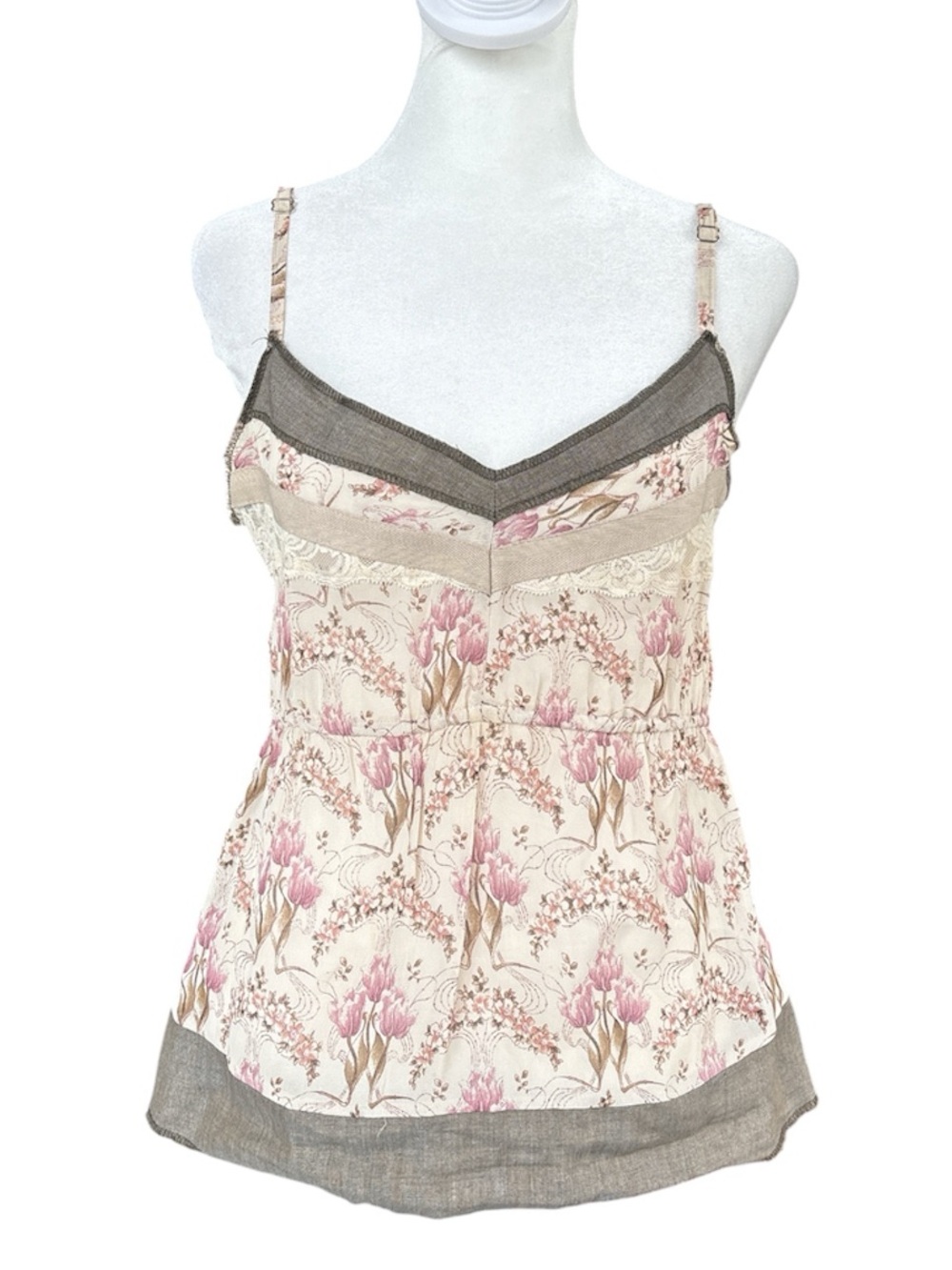 Sandro Vintage Y2K Floral Camisole Contrast Trim Pink/Tan M